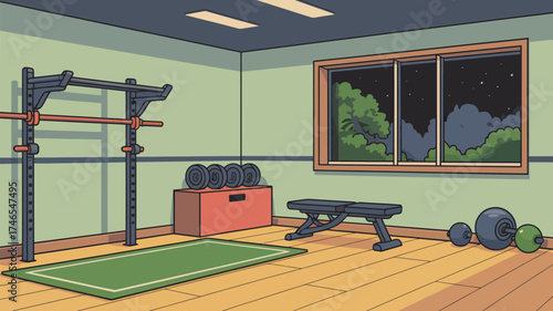 A cartoon gym interior with weight rack, bench, weights, mat, and a window showing a night scene