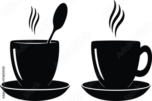 Hot beverage cup with saucer vector icons set, black silhouette drink symbols on white background