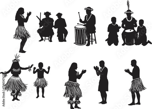 Traditional Polynesian and Hawaiian Dance and Music Silhouettes Featuring Cultural Instruments, Hula Performers, Feathered Headdresses, and Festive Celebration Scenes