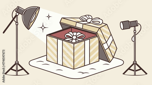 Studio photography of open gift box with lights present surprise celebration holiday product photography marketing advertising commercial design illustration graphic artwork vector.
