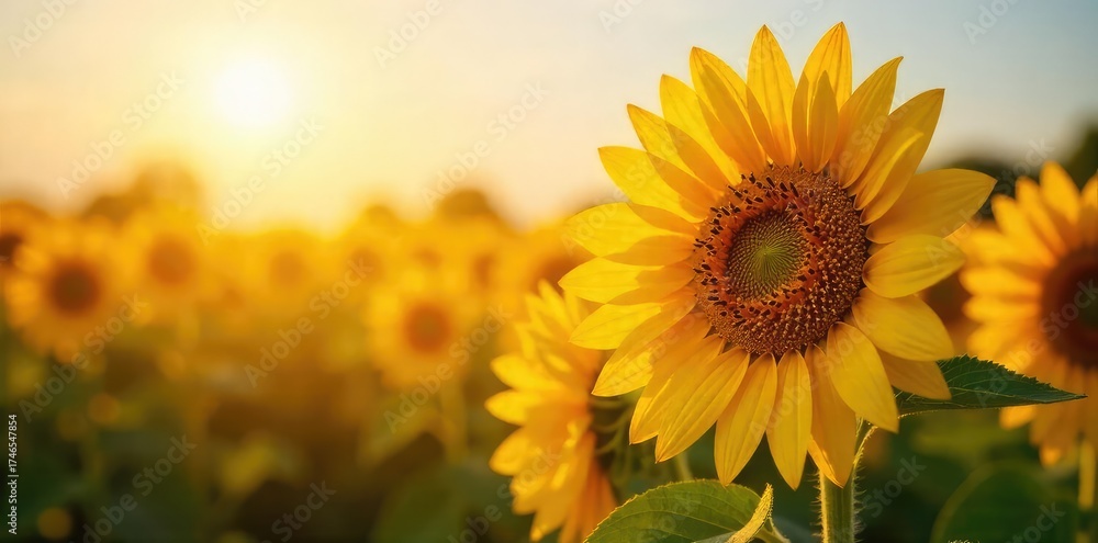 Obraz premium Vibrant sunflowers basking in the golden sunlight, petals unfurling in a breathtaking display of nature's beauty A perfect image for summer, warmth, and the joy of the season , botanical, plant
