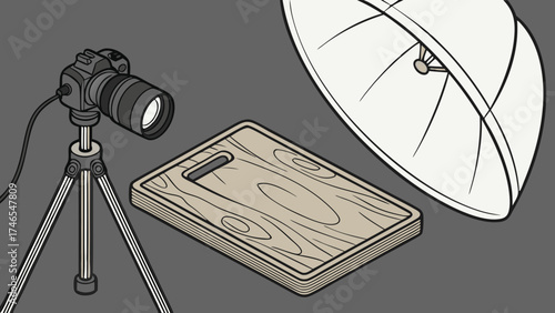 Studio Photography Setup DSLR Camera on Tripod with Wooden Cutting Board and Softbox Lighting.