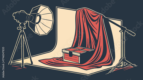 Studio Photography Setup with Chest Lighting Equipment and Red Drape.