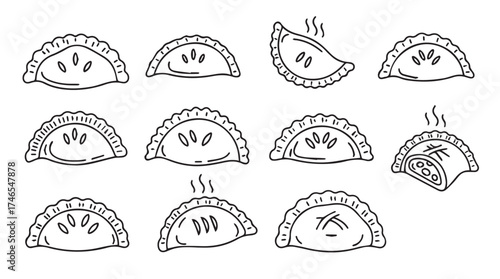 Collection of hand-drawn dumplings empanadas and pastries offering a rustic and appetizing culinary visual vector