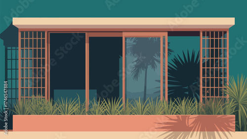 Illustration of a modern house facade with sliding glass doors and palm tree reflections seen inside