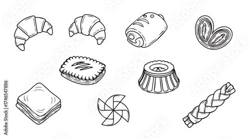 Hand drawn pastries collection delicious baked goods croissant brioche palmiers muffins bread vector