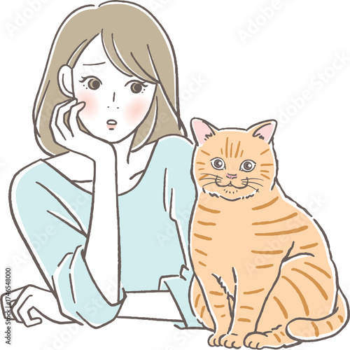 心配そうな女性と猫