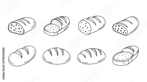 Collection of freshly baked artisan breads loaves and slices hand drawn sketch style vector