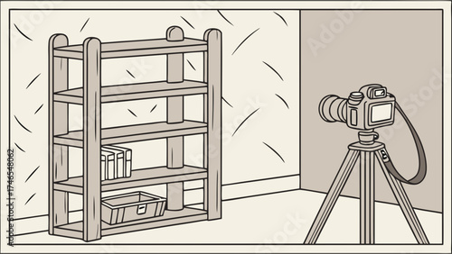 Studio Setup with Camera on Tripod and Wooden Shelf.