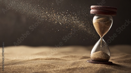 hourglass. Hourglass on stone with sand flowing and scattering in the wind. wellbeing guides, coaching materials, designed for coaching and self-improvement content, clarifies learning.