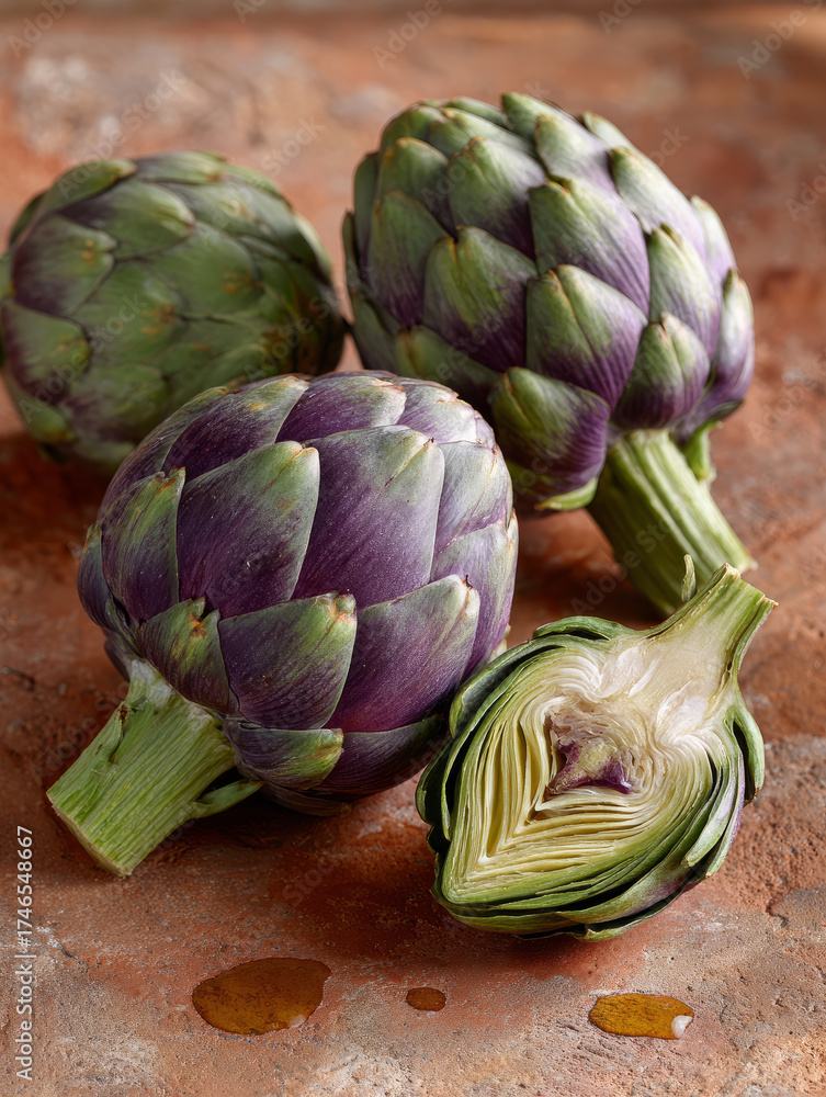 Obraz premium Fresh artichokes on rustic surface, one sliced open, detail rich.
