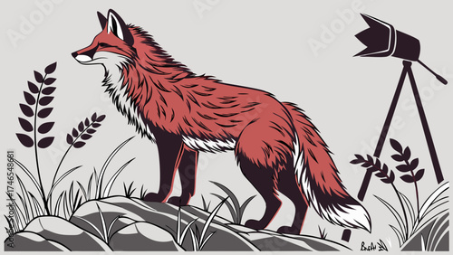 Stylized Fox Illustration Wildlife Photography Concept Nature Art Red Fox in Grassland Setting.
