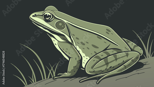 Stylized Green Frog Illustration Amphibian Wildlife Nature Design Dark Background Reptile Art Animal Print Vector Graphic Eco Friendly.