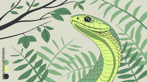 Stylized Green Snake in Lush Foliage Reptile Illustration Tropical Nature Art Wildlife Design Nature Background Green Scales Snake Head Closeup Reptile Pattern Exotic Animal Print Botani.
