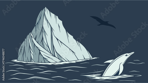 Stylized illustration of a dolphin leaping from the ocean near an iceberg with a bird in flight overhead.