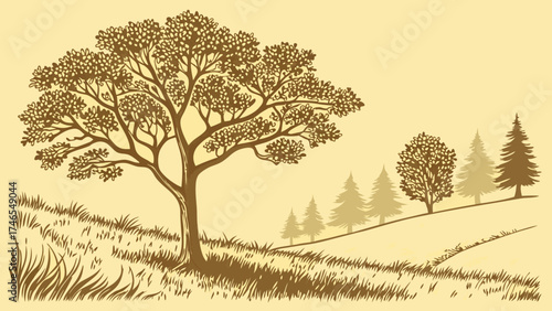 Stylized illustration of trees and grass on a hill nature scene landscape design autumnal colors vector art.