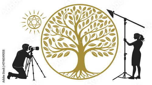 Stylized photography concept with tree of life photographer and lighting assistant.