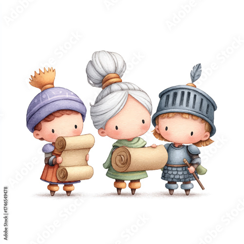 Three cute cartoon children dressed as medieval knights holding scrolls.