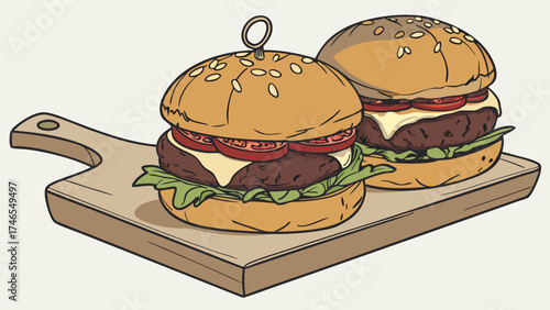 Two Delicious Cheeseburgers on a Wooden Cutting Board Fast Food Menu Illustration Restaurant Graphics.
