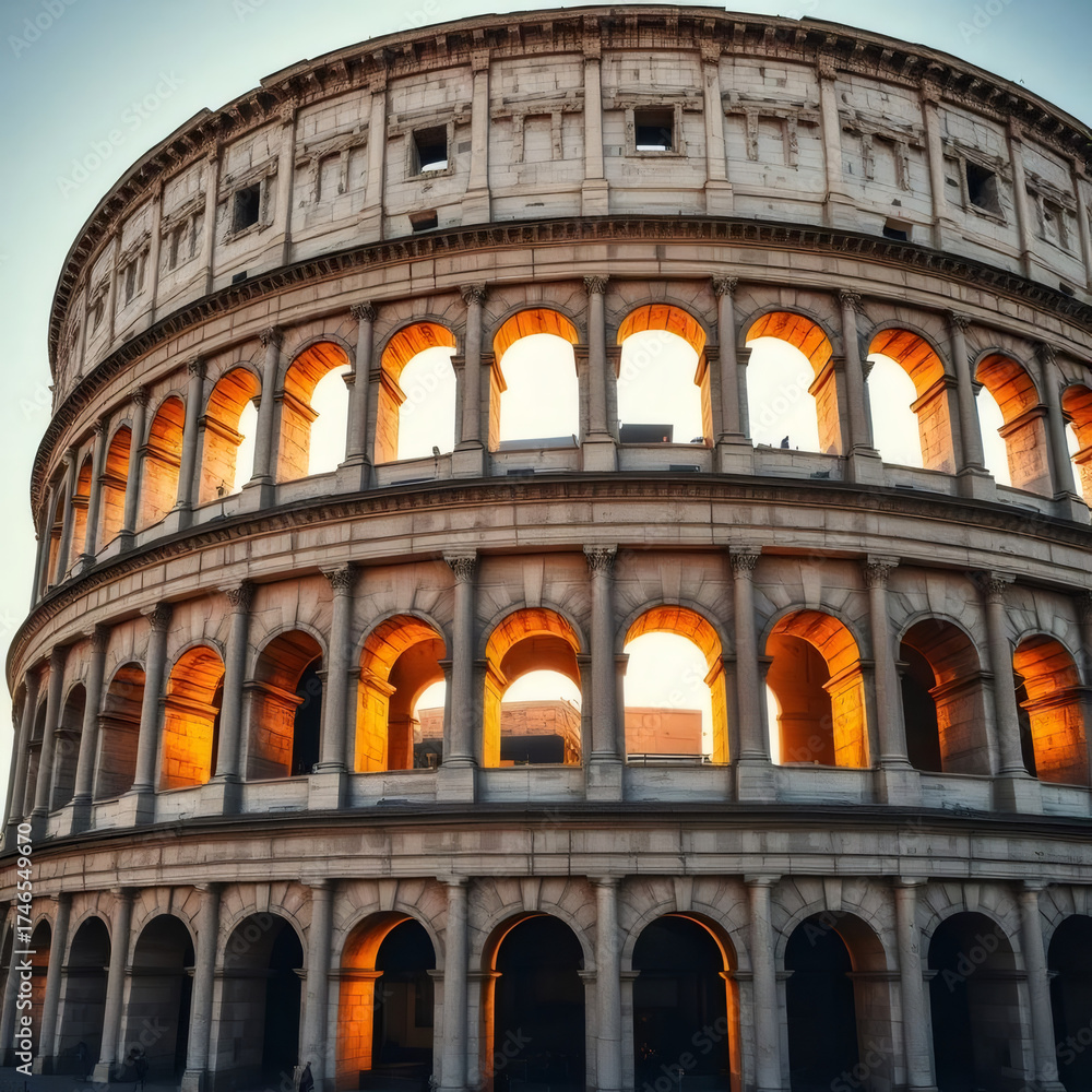Obraz premium Beautiful sunset illuminating the ancient arches of the Colosseum in Rome during golden hour
