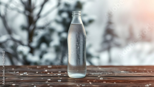 Fresh water bottle on a wooden table with a snowy forest background during daylight