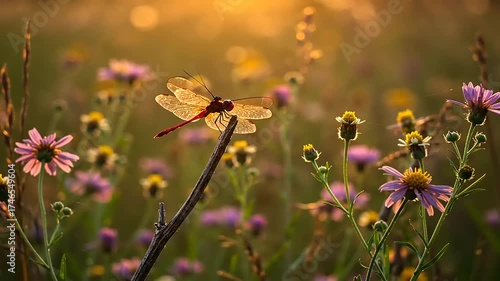 Dragonfly Perched on a Twig in a Vibrant Wildflower Meadow at Sunset.