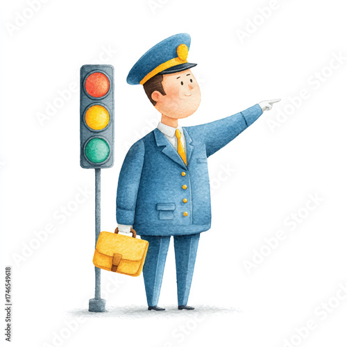 Traffic officer directing traffic near a traffic light with a yellow bag.