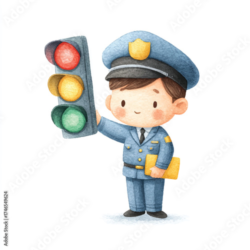Traffic controller holding a traffic light directing vehicles and pedestrians.