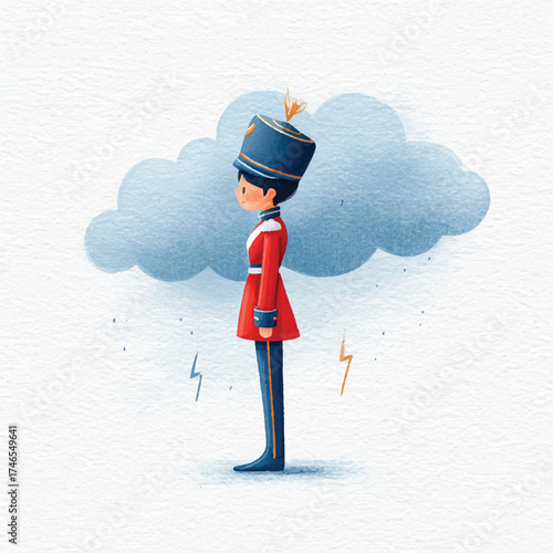 Toy soldier standing under a small rain cloud.