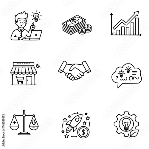 Collection of business and financial concept icon set, depicting ideas, growth, and success.
