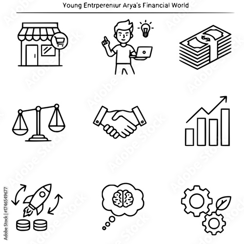 A young entrepreneur's financial world, showcasing business, money, and growth concepts through simple icon set
