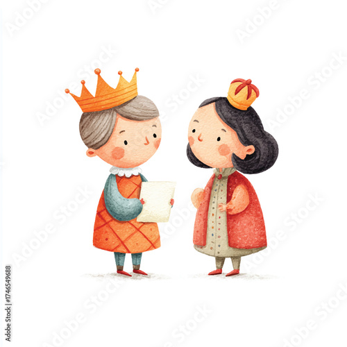 Two cute cartoon children wearing crowns and royal outfits.