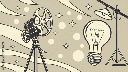 Vintage Film Reel Lightbulb and Studio Lighting on Tripods Retro Design Illustration.