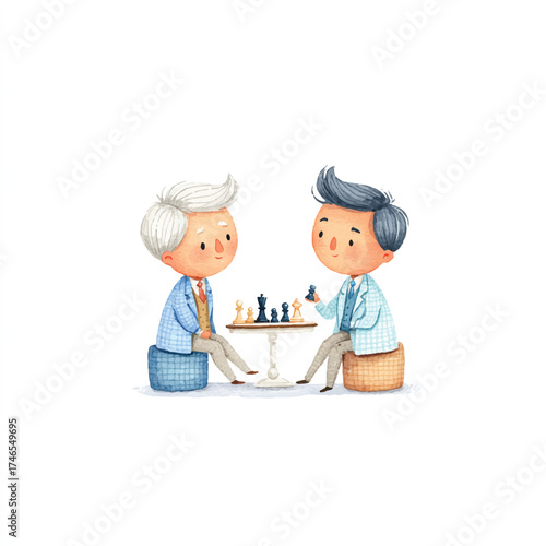 Two cartoon figures playing chess at a round table, focused and engaged.