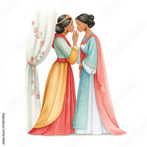 Two women in elegant dresses whispering secrets in a classic setting.
