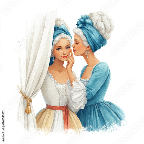 Two women in historical attire sharing a secret, one whispering to the other.