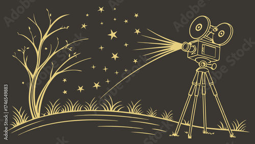 Vintage Movie Camera in Night Scene with Stars and Trees.