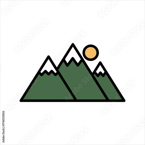 Iconic mountain range with snow-capped peaks and a bright sun in a minimalist cartoon style, perfect for nature or adventure themes