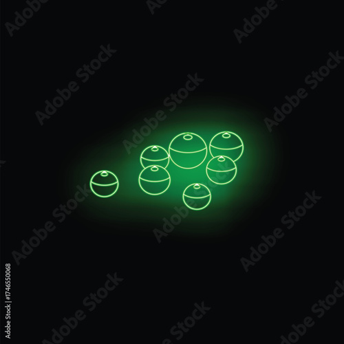 Green neon sign representing fishing bobbers glowing on black background