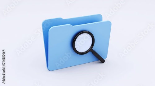 A blue folder icon with an open cover features a black magnifying glass overlay,
