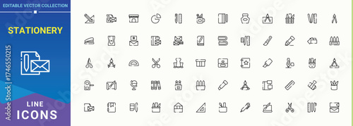 Stationery icon set. File Folder vector icon set. Contain linear symbols school, file folder, office equipment, pencil, office office supplies, paper and more. Editable vector illustration.
