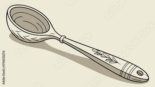 Wooden Ladle Illustration Kitchen Utensil Cooking Tool Rustic Design Engraved Handle Vector Graphic Sepia Tone Food Prep Culinary Art Hand Drawn Style.