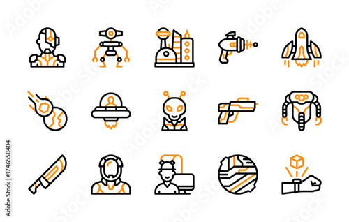 Set of Science Fiction icon. Robot, Cyberpunk Robot, Rocket Machete, Building, Laser Gun, Meteor Earth, Ufo, Alien, Astronaut, Mind Reader, Planet, Hologram vector. 