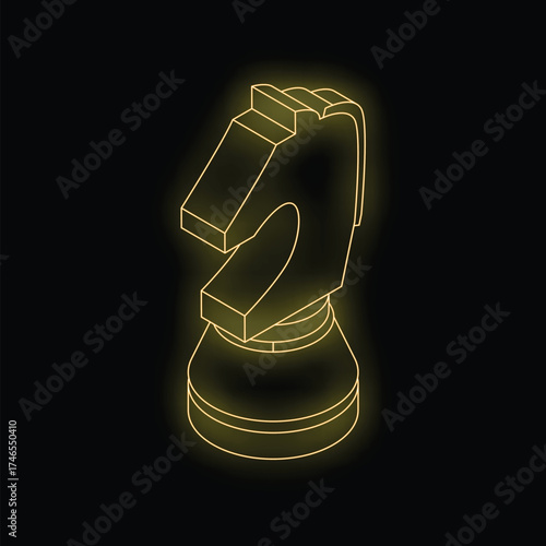 Neon yellow chess knight glowing on black background, concept for strategy, planning and games
