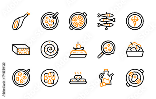Set of Spanish Food icon. Ham, Migas, Santiago Cross, Paella, Sardines, Nougat, Spiral Pastry, Tapas, Pisto, Patatas Bravas, Escudella, Piquillo Pepper vector. 