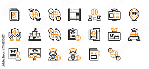 Set of Study Abroad icon. University, Time Zone, Exchange Program, Guidebook, Student Id Card, Education, Study, Bunk Bed, Language Learning, Dictionary, Cultural Exchange, Computer Screen vector. 