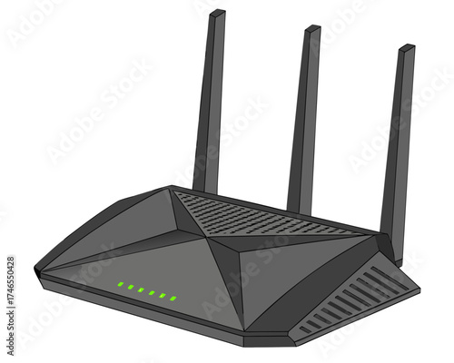 A modern black wireless internet router with three antennas and green LED lights isolated on a white background.