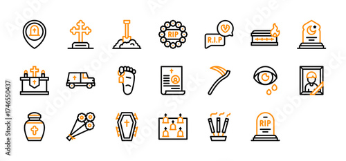 Set of Funeral icon. Cross, Graveyard, Digging, Wreath, Rip, Cremation, Tombstone, Altar, Ambulance, Corpse, Obituary, Scythe, Crying Eye, Portrait, Urn, Bouquet Flowers vector. 