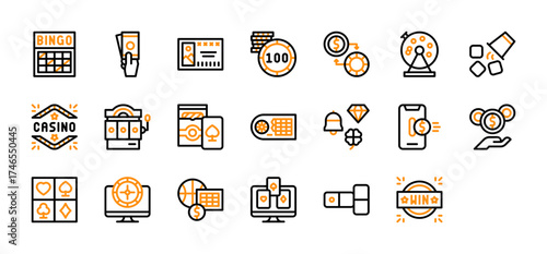 Set of Gambling and Betting Services icon. Hand Holding Cash, Sports Betting, Bingo, Lottery, Casino Chip, Chips, Dice, Slot Machine, Cards, Roulette, Gambling, Mobile Payment vector. 