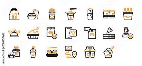 Set of Food Delivery icon. Menu, Drink Carrier, Take Away Bag, French Fries, Noodles Box, Burrito, Coffee, Fried Chicken, Cooked Turkey, Hand Delivering Package, Pizza Box, Customer Service vector. 